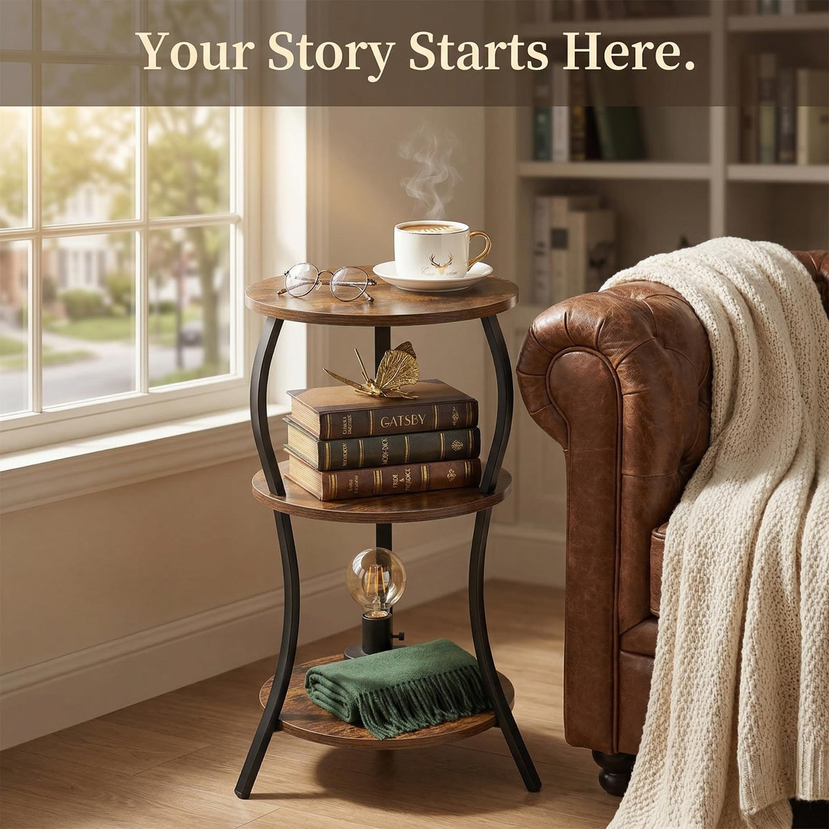 YEAKOO vintage round side table dorm room friendly storage