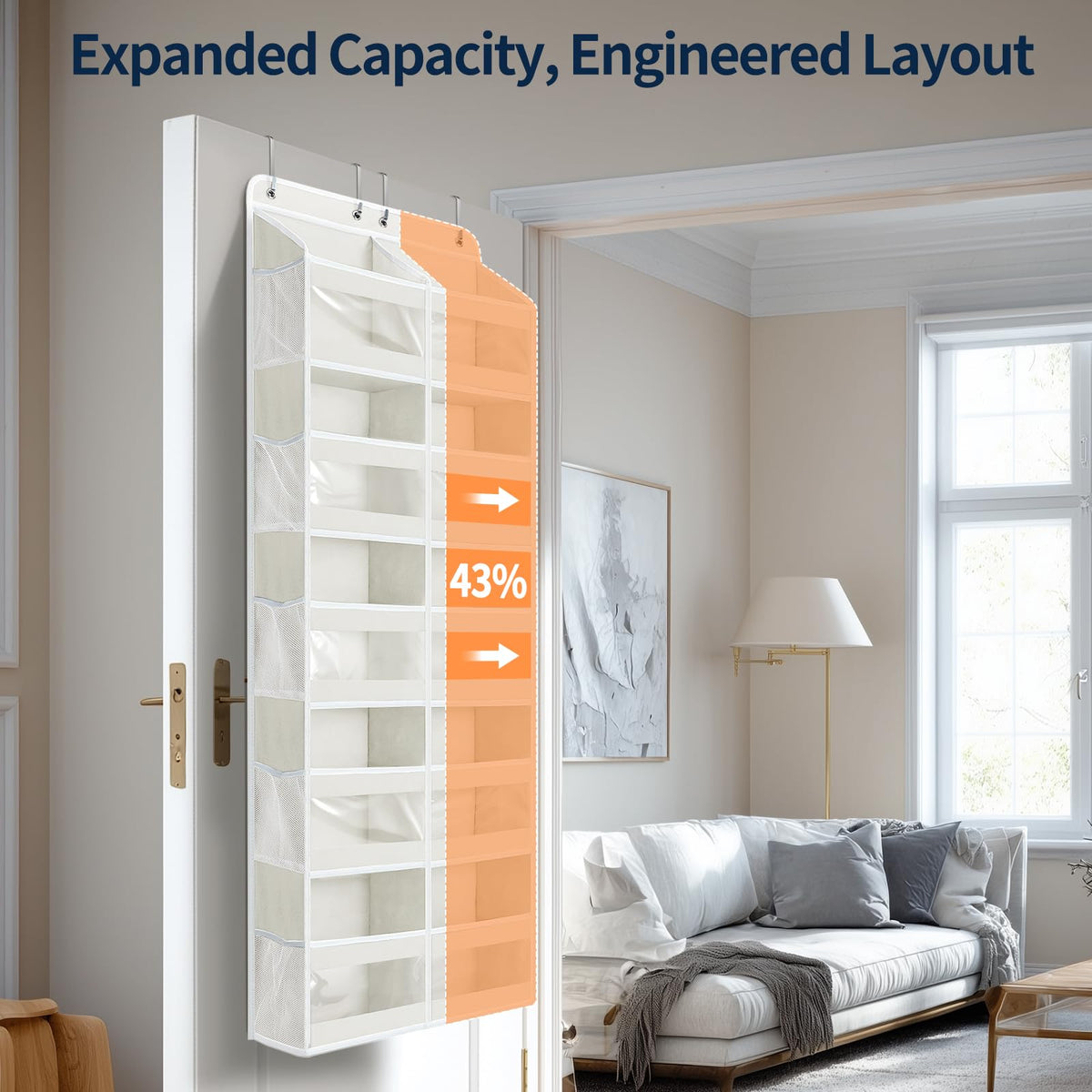 Yecaye heavy-duty door organizer with 4-point grip securely hanging on a door.