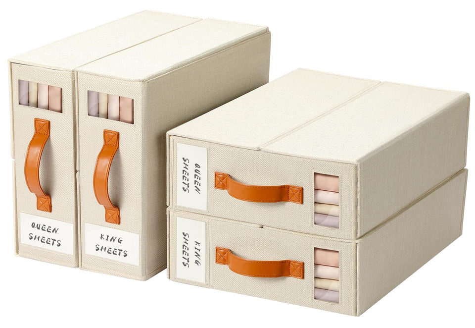 Yecaye four-pack bed sheet organizer keeps queen and king sets neatly stored and accessible.