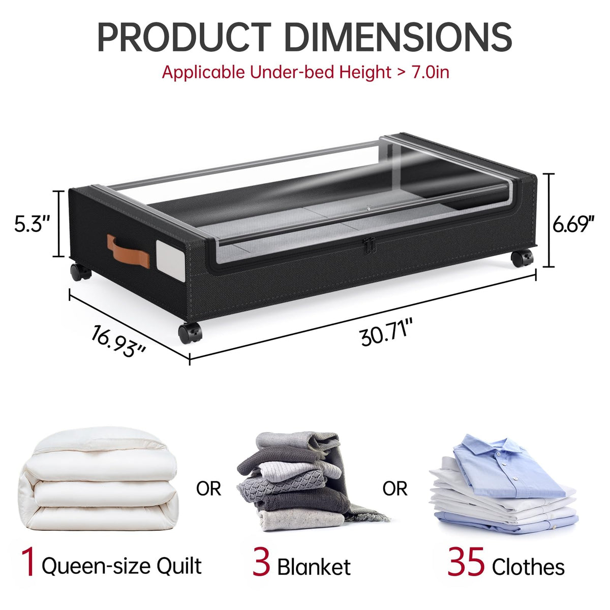 Yecaye 60L under-bed storage with wheels, front view, smoothly gliding.