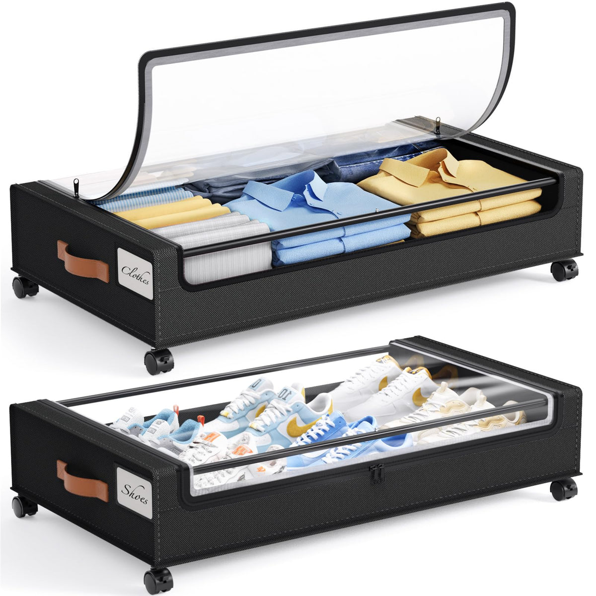 Yecaye 60L under-bed storage with wheels, side view, easy to roll on carpet.
