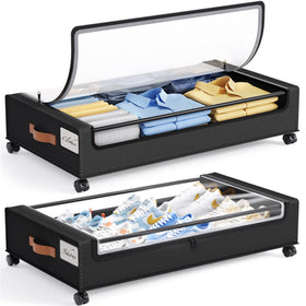 Yecaye 60L under-bed storage with wheels, side view, easy to roll on carpet.