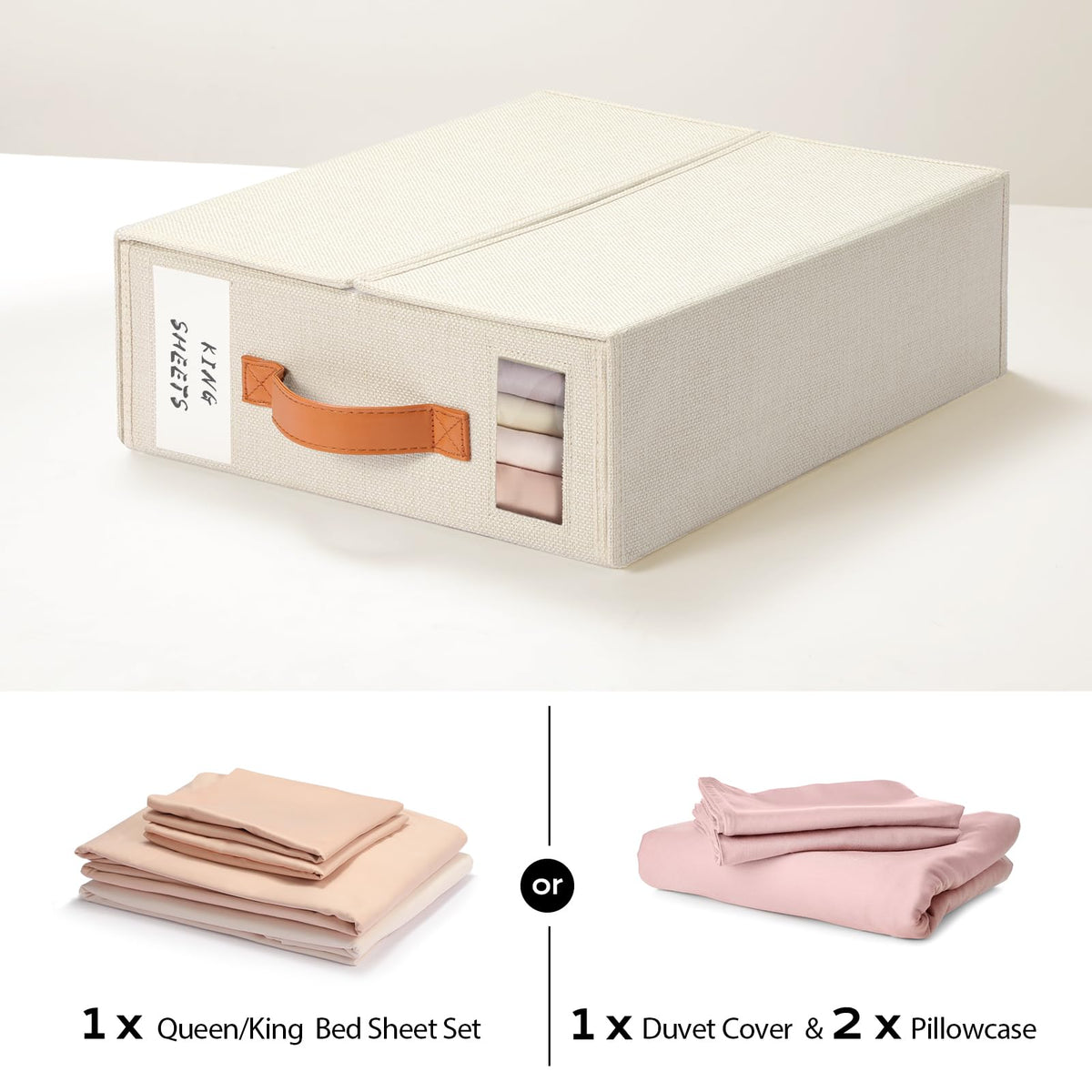 Yecaye beige storage box blends with any bedroom decor.