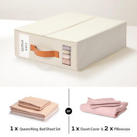 Yecaye beige storage box blends with any bedroom decor.