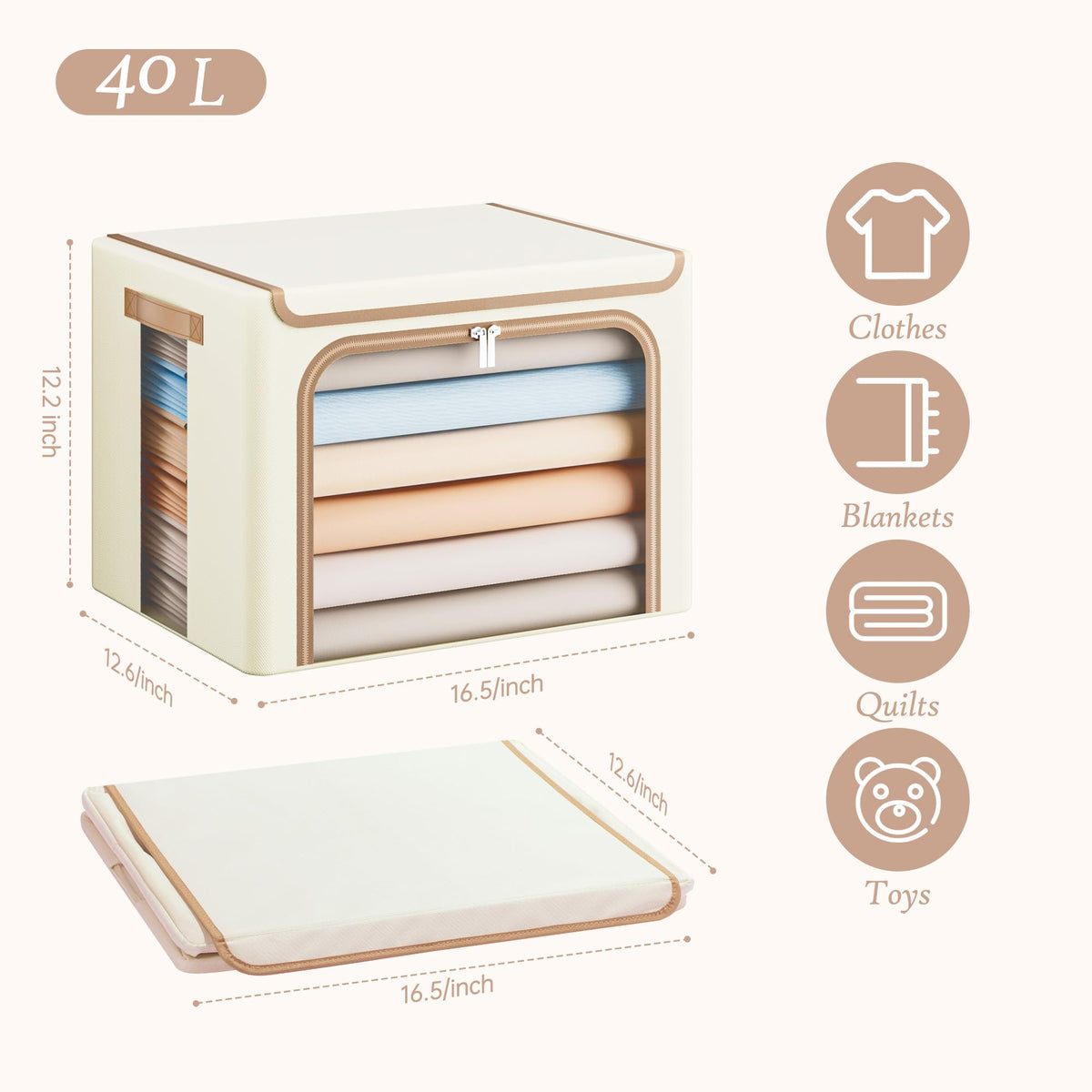 Yecaye beige storage bin side view showing sturdy frame and lid