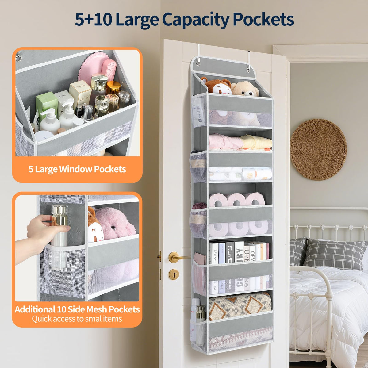 Yecaye door organizer’s see-through mesh pockets help quick visibility.