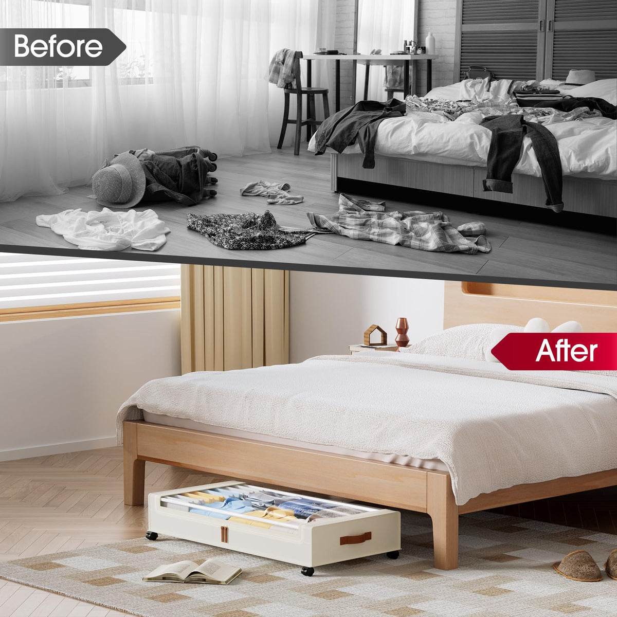 Yecaye foldable under-bed storage container saves space when not in use.