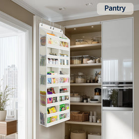 Yecaye nursery storage for diapers and cosmetics in clear pockets.
