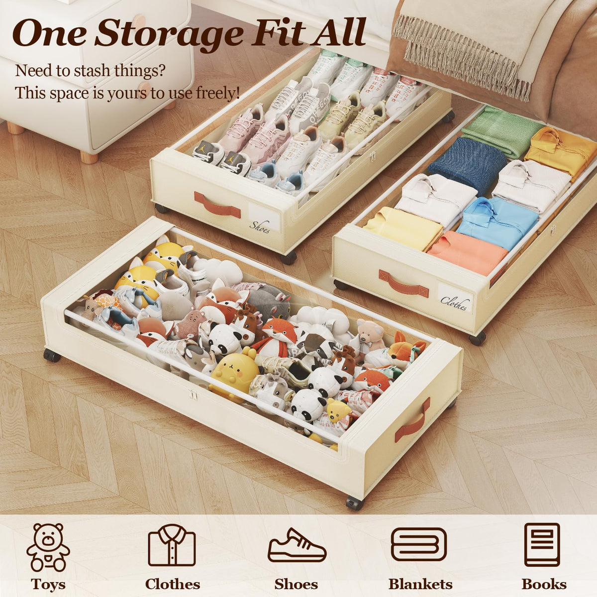 Yecaye large-capacity under-bed organizer for clothes and blankets.