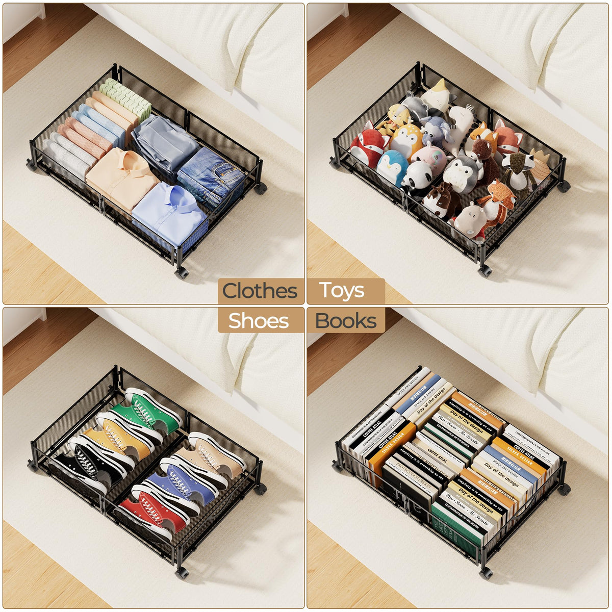 Yecaye under-bed storage holds clothes, shoes, and toys in a tidy, accessible system.