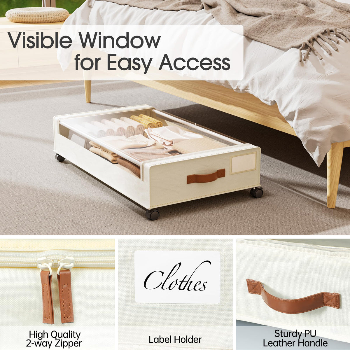 Yecaye under-bed storage fits under most beds with dimensions listed.