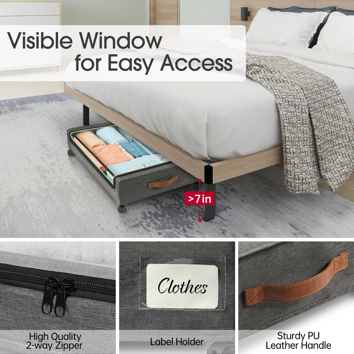 Yecaye under-bed storage measures 30.71 by 16.93 by 6.69 inches.