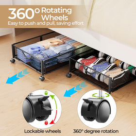 Yecaye under-bed storage with locking wheels keeps the unit secure on any floor.