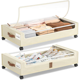 Yecaye under-bed storage with wheels, two-pack, ideal for organizing clothes.