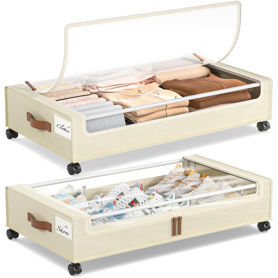 Yecaye under-bed storage with wheels, two-pack, ideal for organizing clothes.