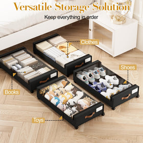 Yecaye under-bed storage with wheels quick tool-free assembly.