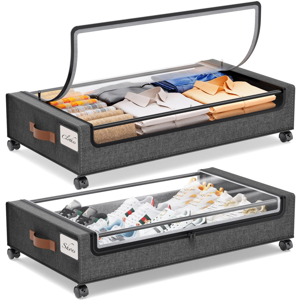 Yecaye under-bed storage with wheels: sturdy frame for easy transport of clothes.
