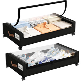 Yecaye under-bed storage with wheels full-drawer capacity for clothes and blankets.