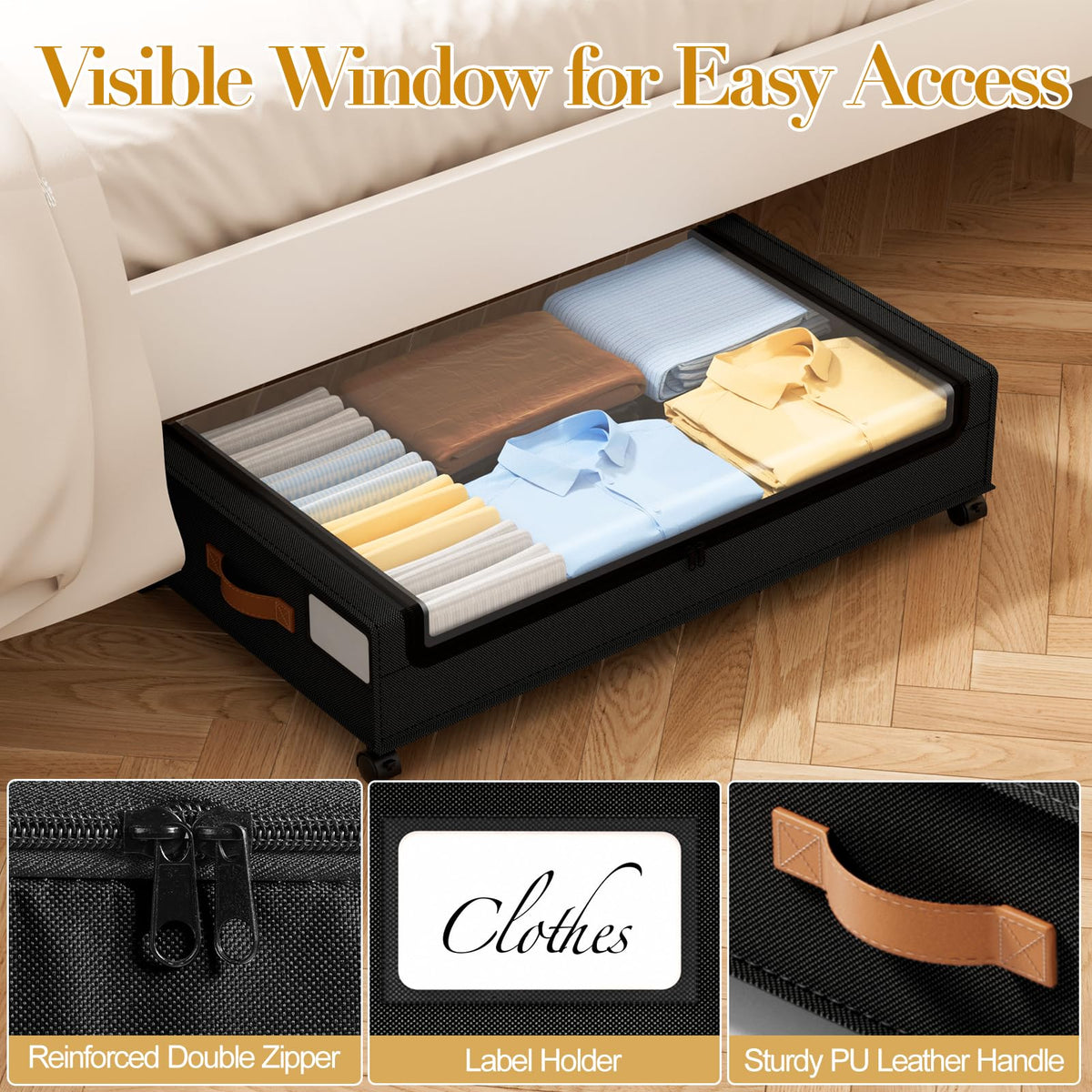 Yecaye under-bed storage with wheels multipurpose bin stores seasonal items.