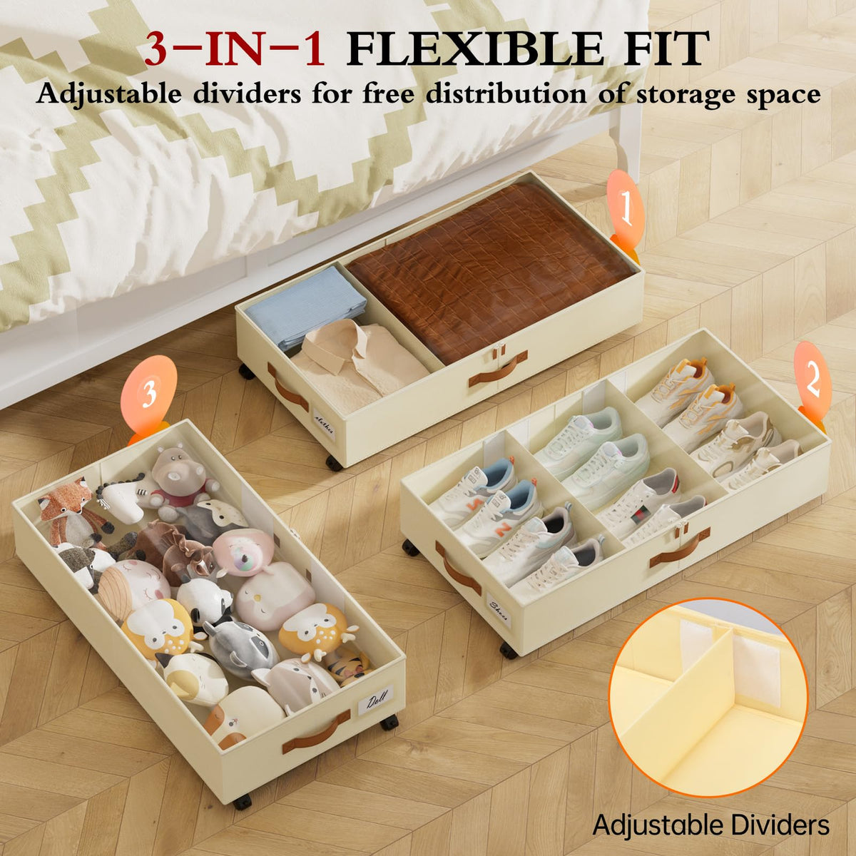Yecaye under bed storage with wheels, side view, sturdy frame for heavy items.
