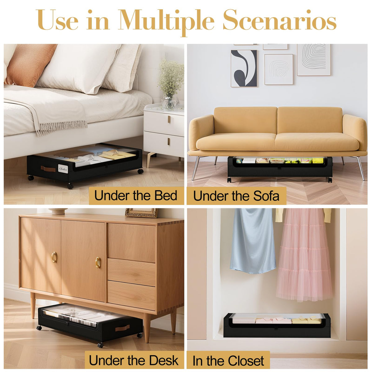 Yecaye under-bed storage with wheels fits under most beds.