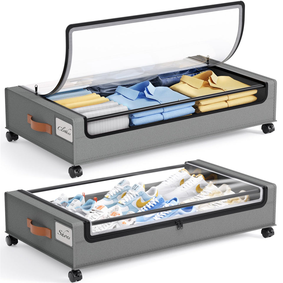 Yecaye under-bed storage with wheels in motion, easy to move across floors for clutter-free space