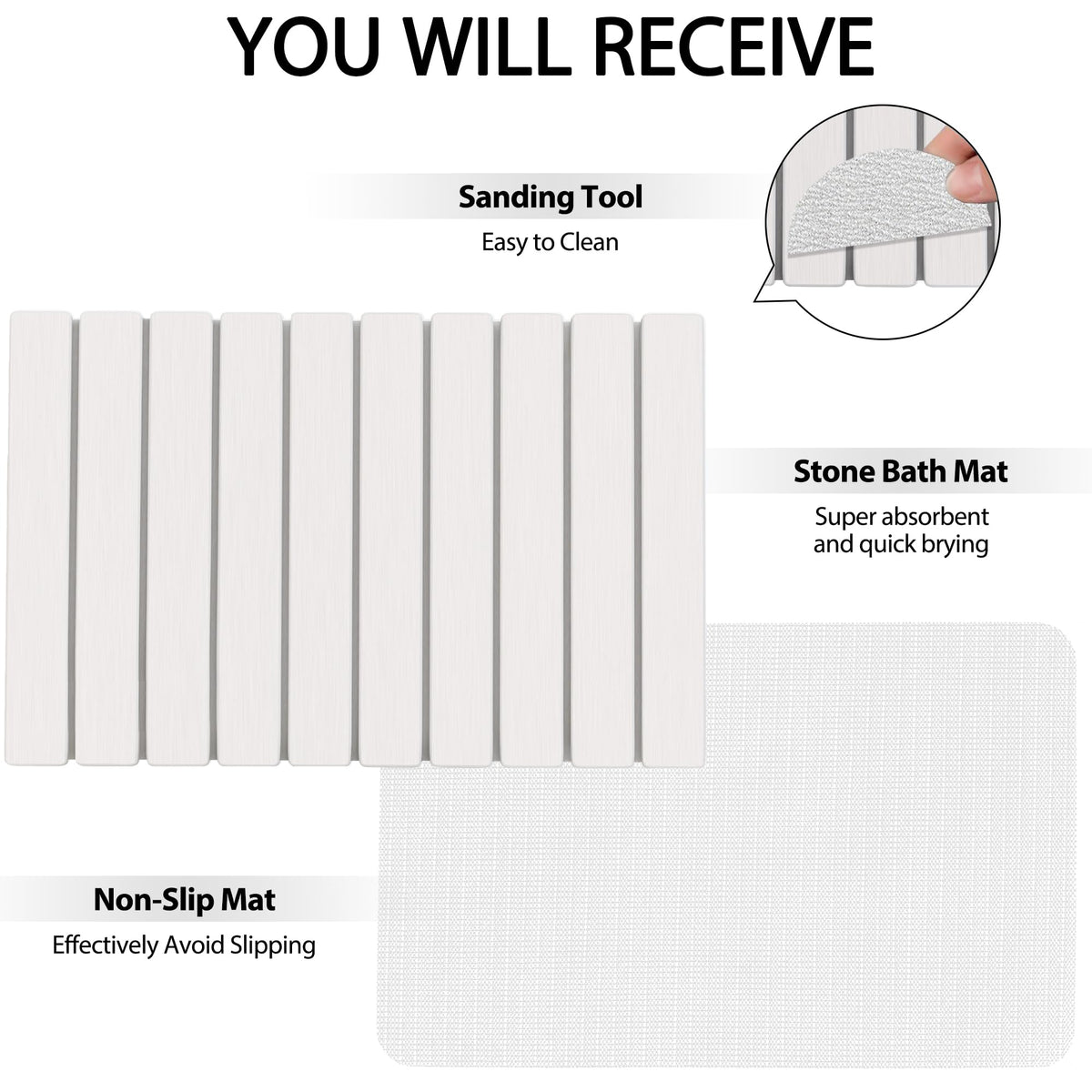 YEECOPON Stone Bath Mat in versatile use across bathroom, kitchen, entryway.
