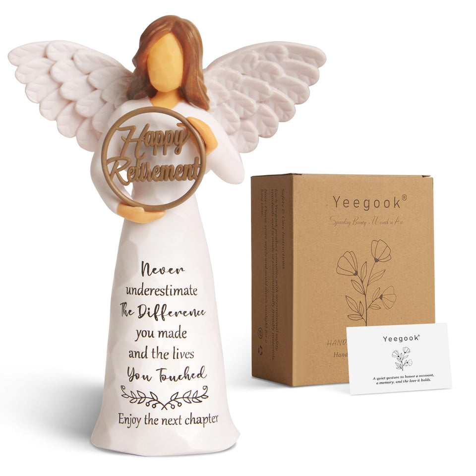 Yeegook retirement angel figurine on desk display highlighting a congratulatory moment