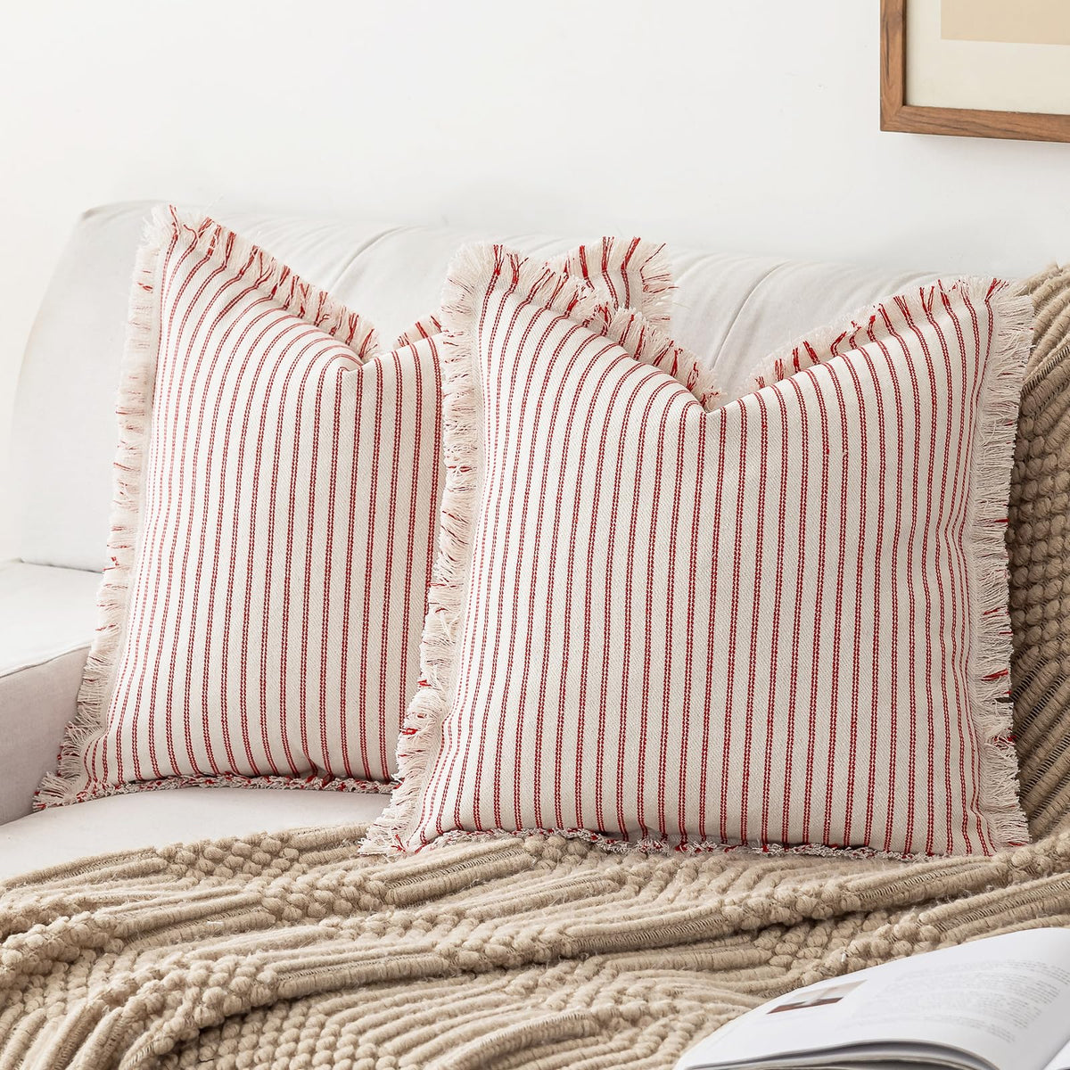 YEENAASY throw pillow cover with striped fringe enhances sofa styling and texture.