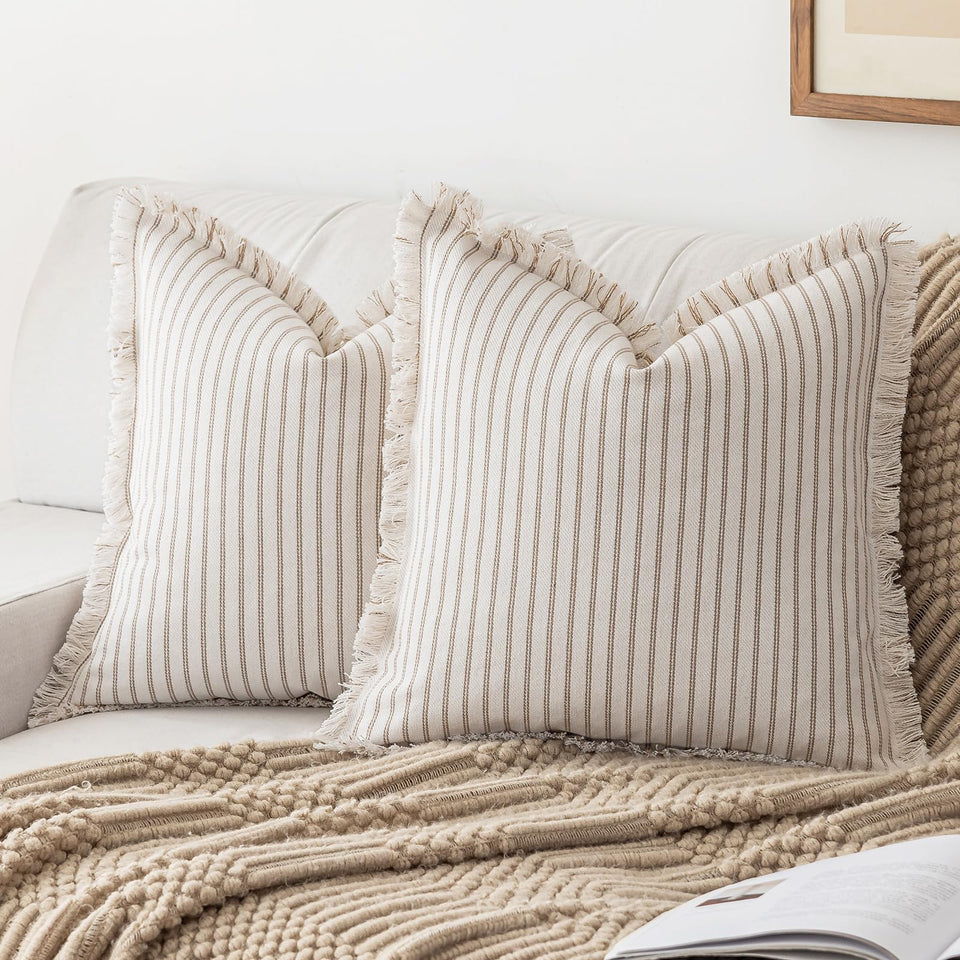 YEENAASY 20x20 striped fringe pillow cover in khaki adds subtle texture to your sofa.