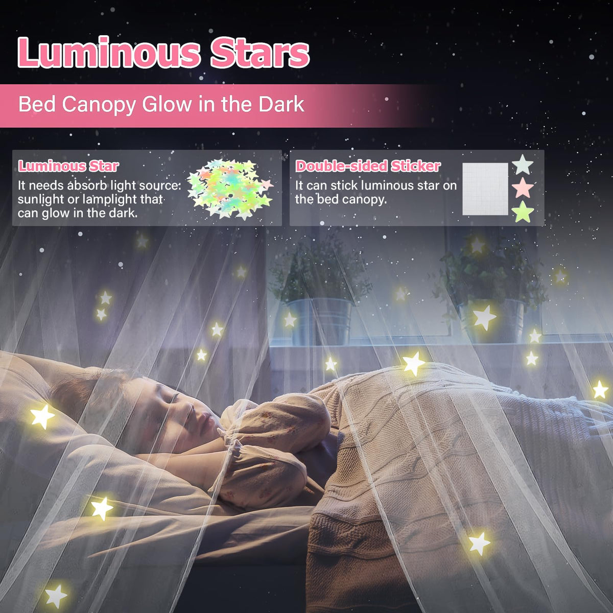 YEERSWAG canopy glows in the dark with star patches for comforting night-time visuals.