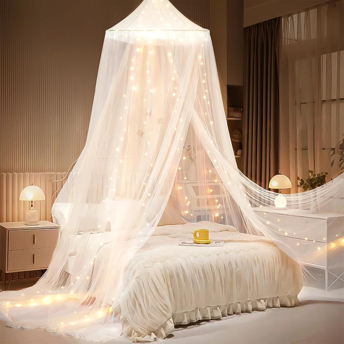 YEERSWAG bed canopy with lights and stars enhances bedside ambiance for peaceful reading.