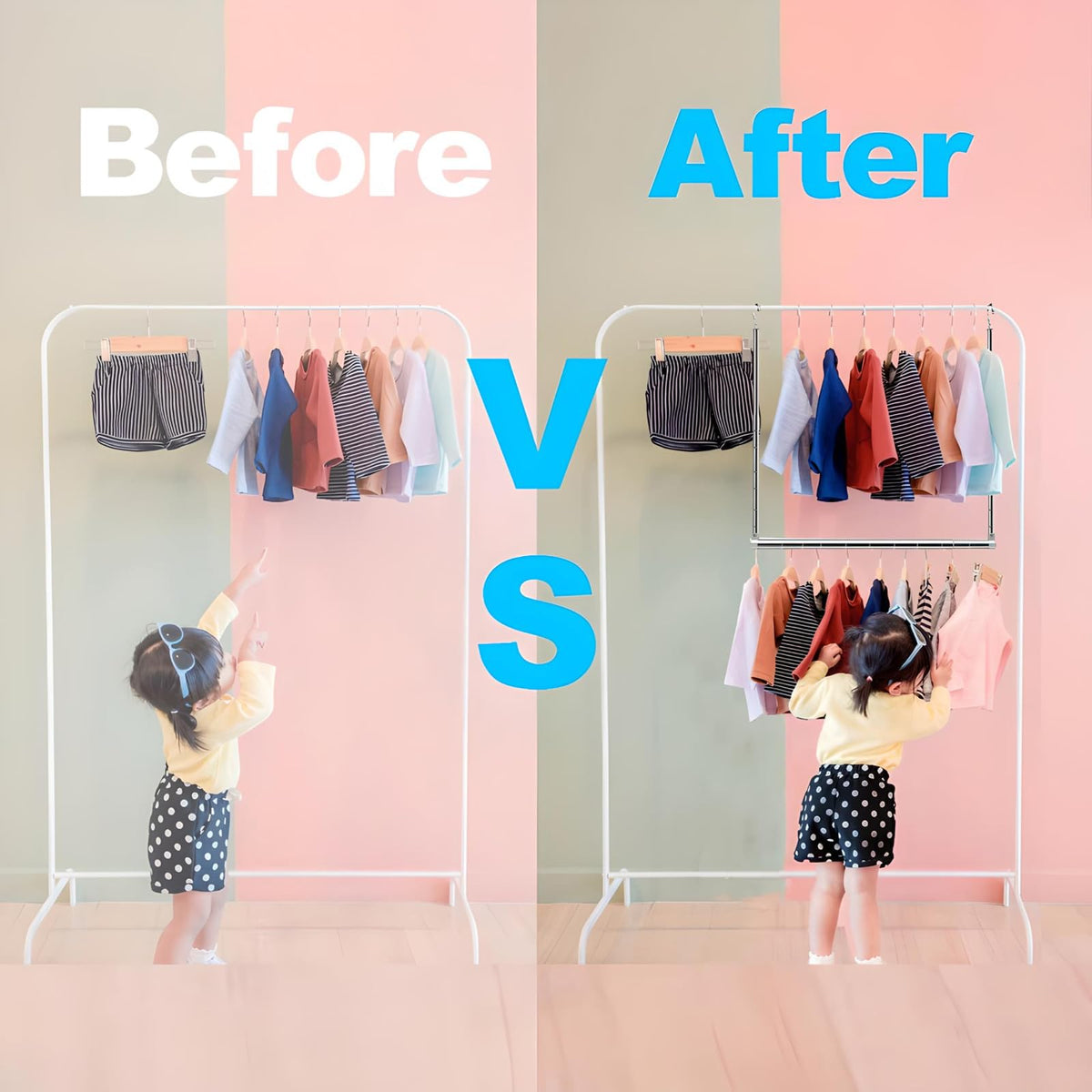 Yeetburg adjustable hanging rod installation steps, tool-free setup for quick closet expansion.