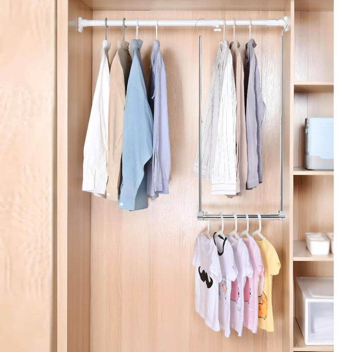 Yeetburg closet use in wardrobe shows space-saving double hanging area.