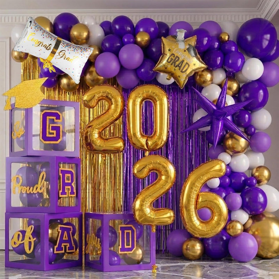 Yeewaka purple grad balloon boxes create a festive graduation backdrop for photos
