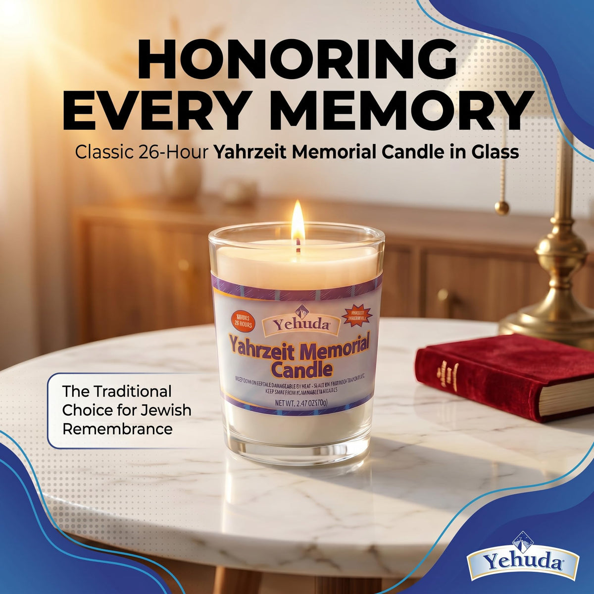 Yehuda candle with 24-26 hour burn time for dependable emergency light.