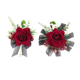 Yelinart burgundy and black corsage wristlet closeup with lifelike petals