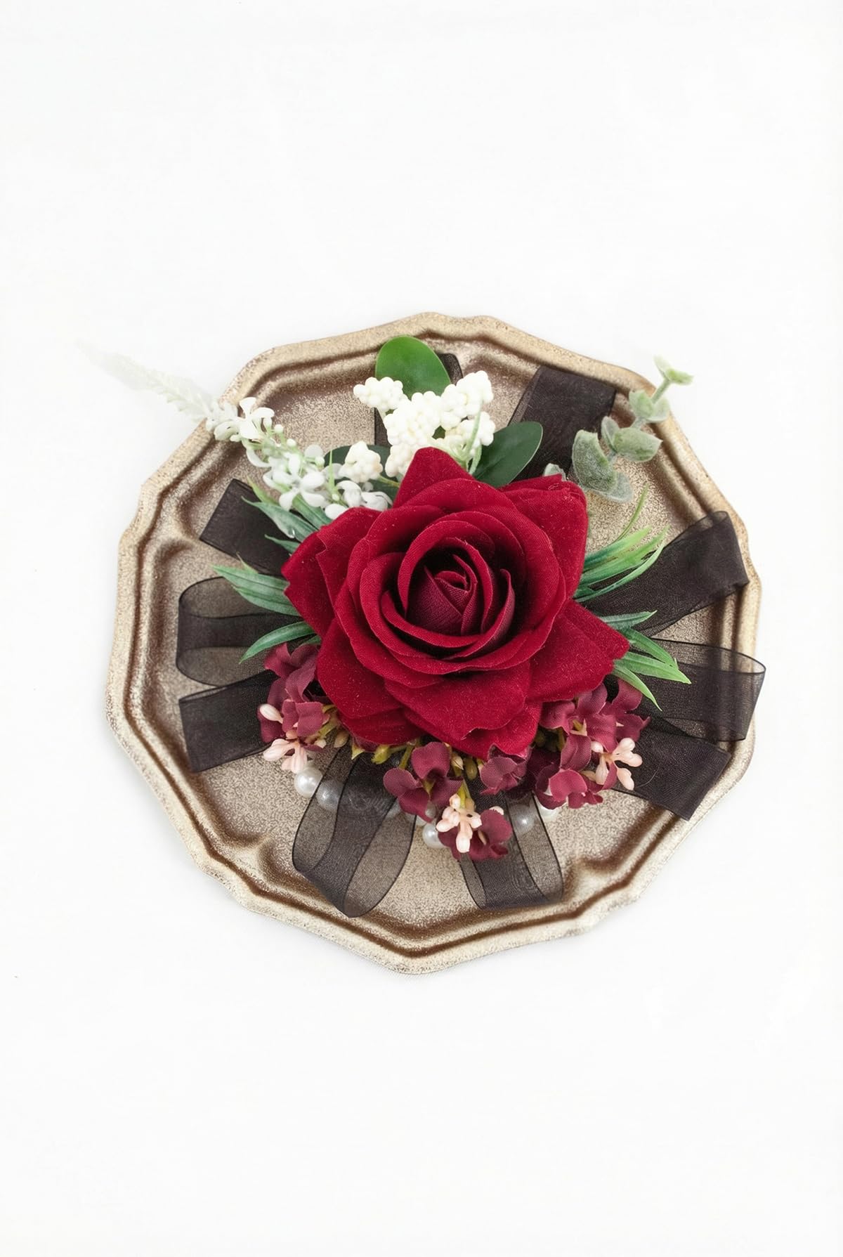 Yelinart corsage wristlet worn on wrist showing comfortable fit