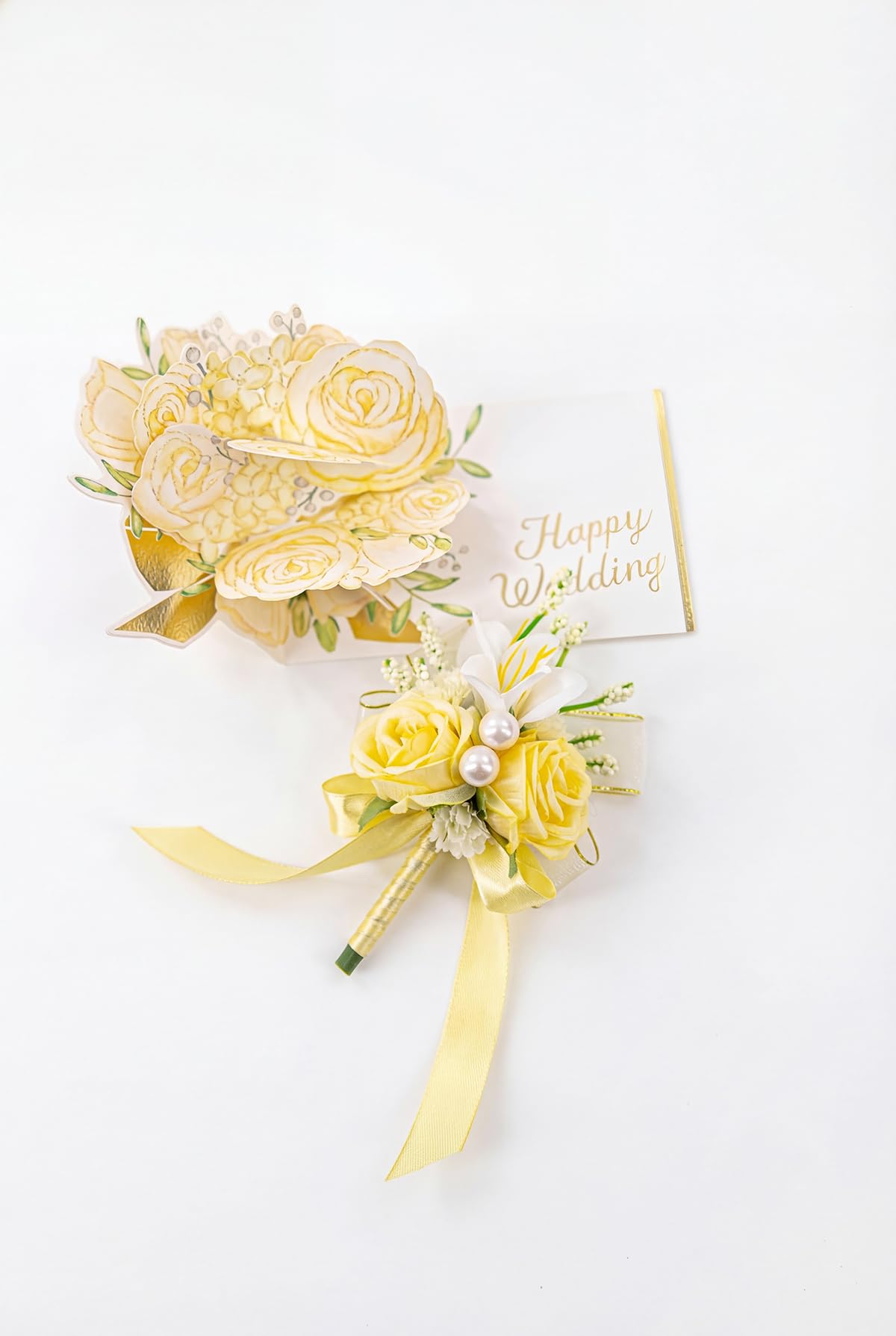 Yelinart men’s white rose boutonniere in triangle arrangement for sharp wedding accents.