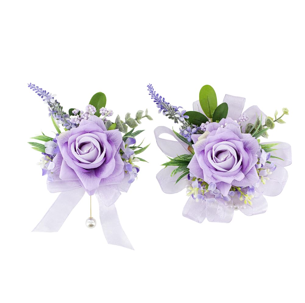 Yelinart purple corsage wristlet with lifelike roses for wedding and prom elegance.
