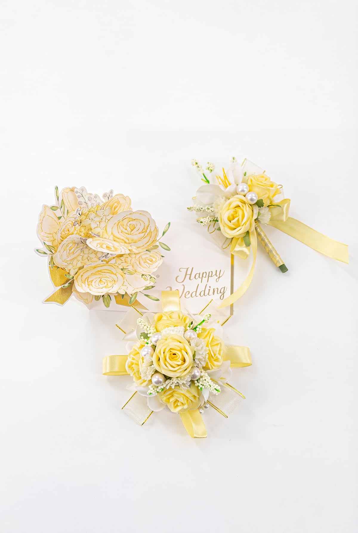 Yelinart wrist corsage on elastic pearl bracelet offers comfortable wear.