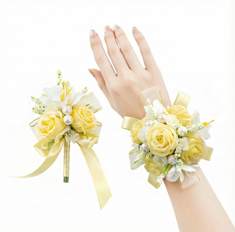 Yelinart yellow rose corsage with wristlet for elegant prom styling.