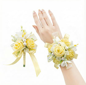 Yelinart yellow rose corsage with wristlet for elegant prom styling.