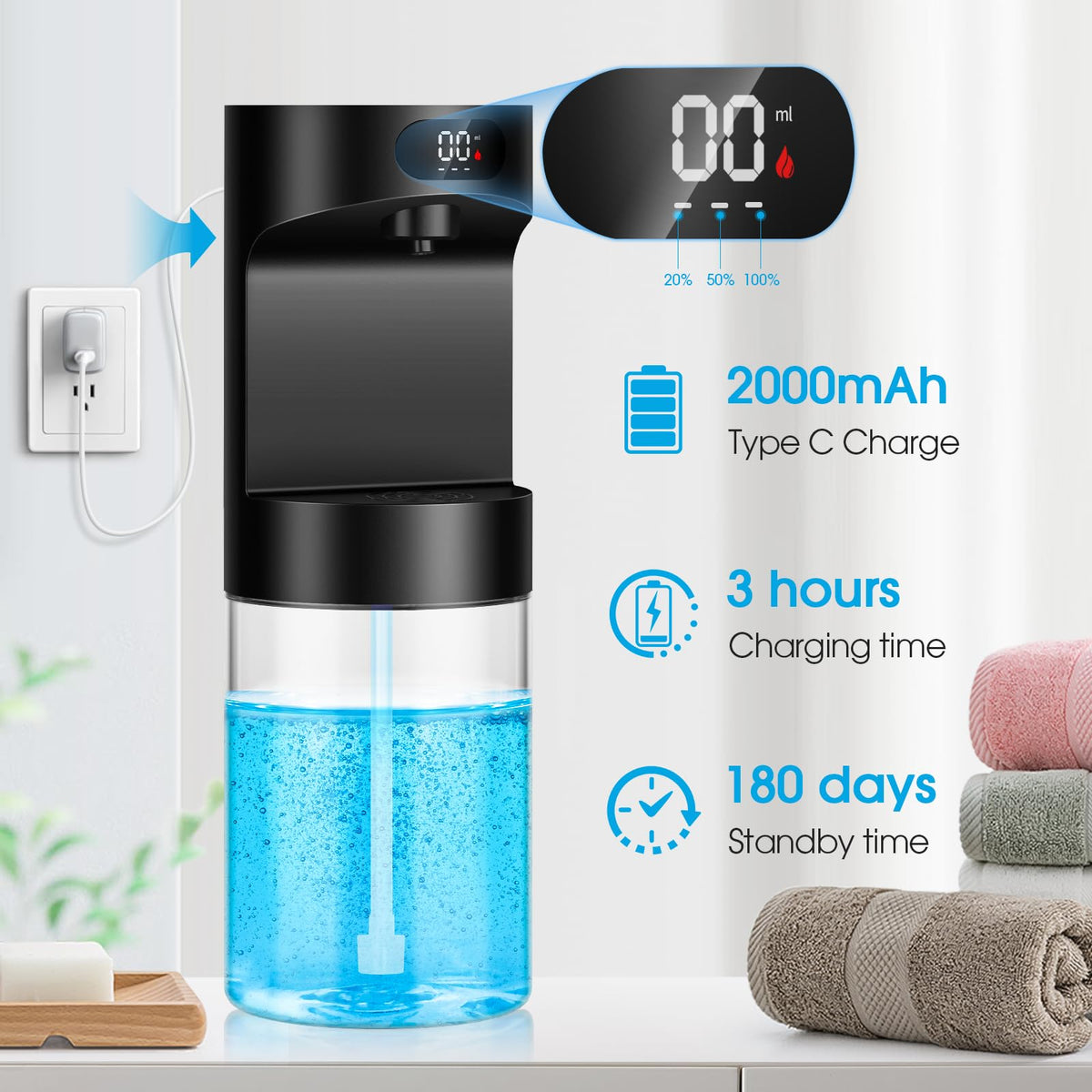 YenLove rechargeable 2000mAh battery powers long-lasting mouthwash dispensing.
