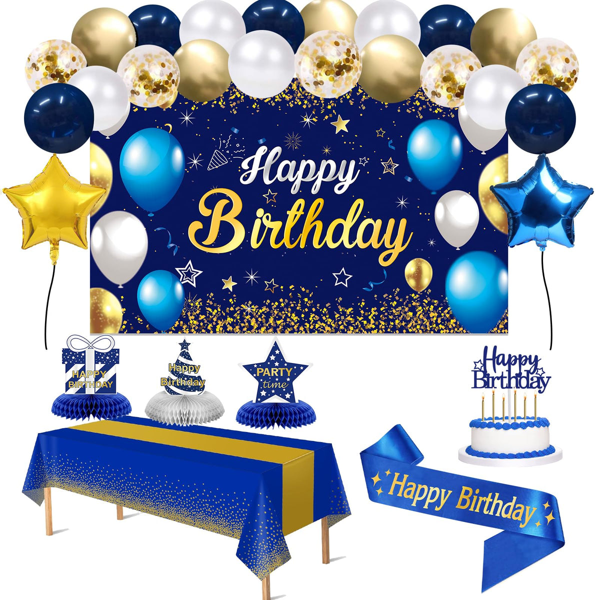 YeohJoy blue-gold birthday banner backdrop for a bold party look