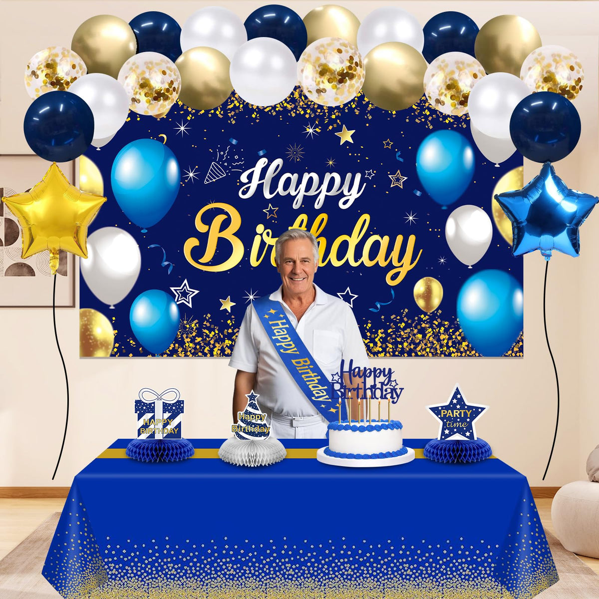 YeohJoy happy birthday cake topper with blue theme and stars