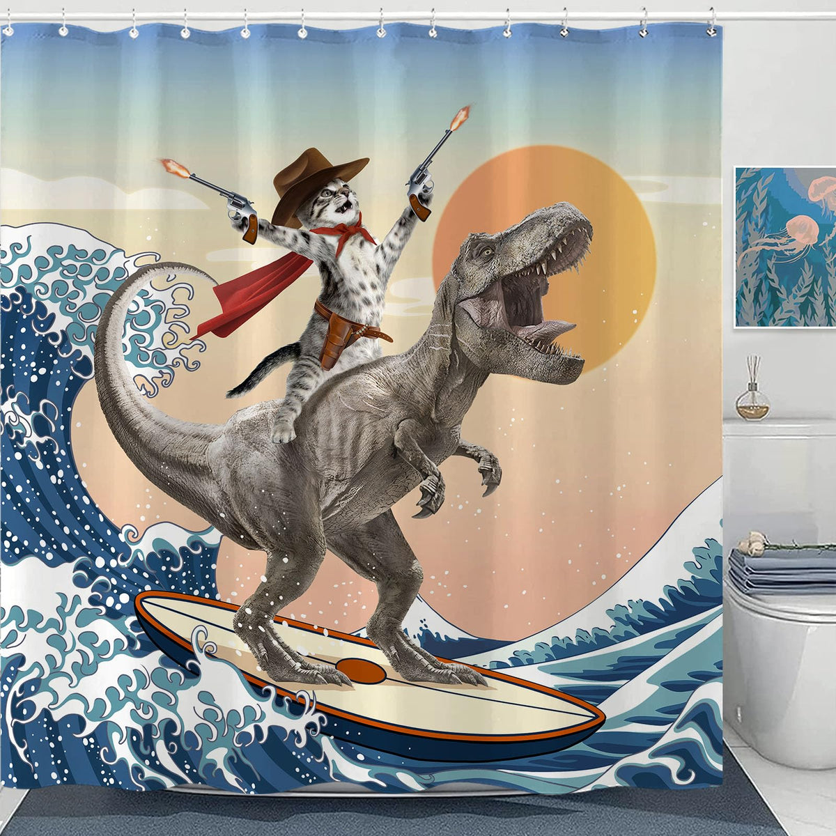 Yeoiat cat-dinosaur-surfing curtain adds playful energy to the bathroom