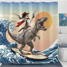 Yeoiat cat-dinosaur-surfing curtain adds playful energy to the bathroom