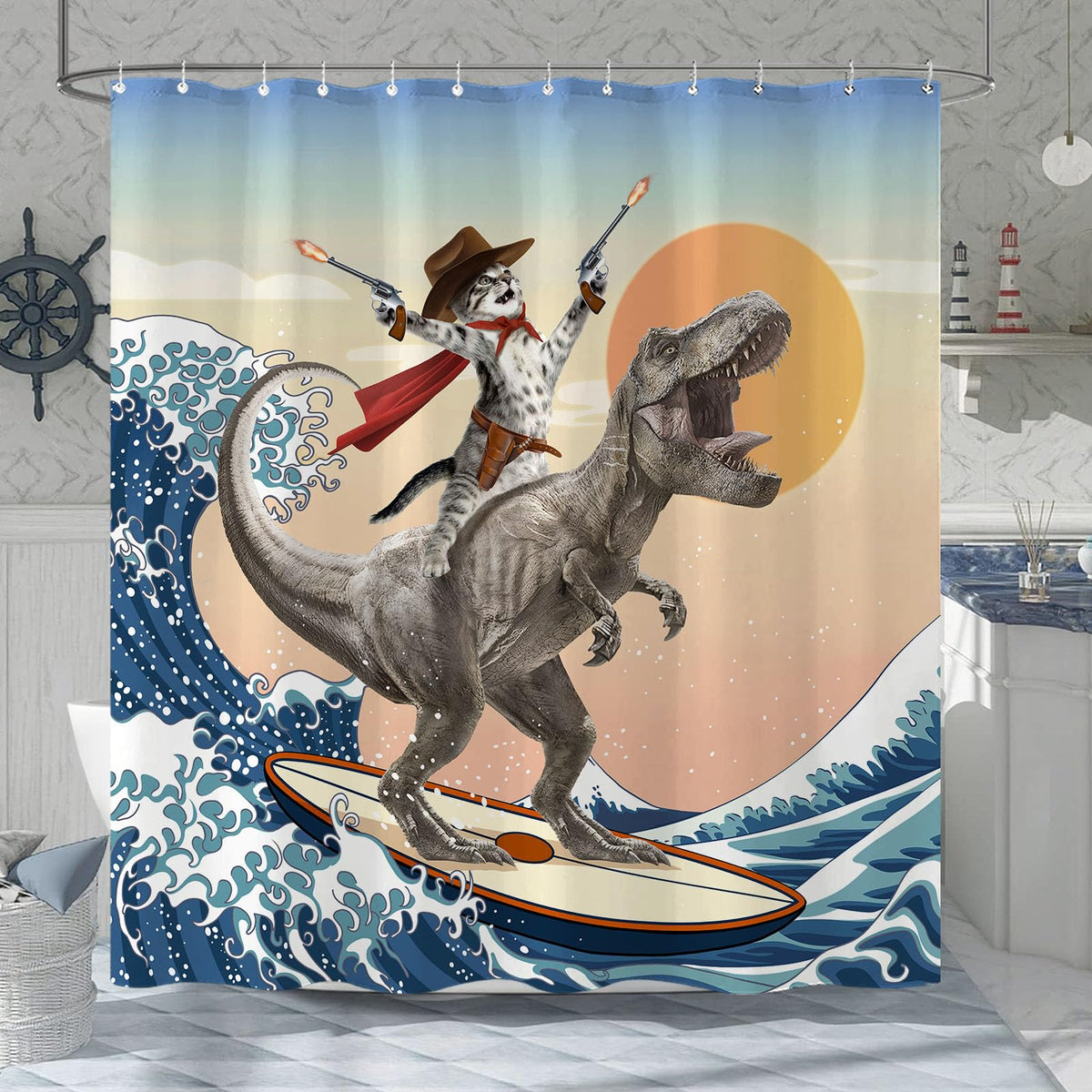 Yeoiat ocean wave theme curtain creates a fresh bathroom vibe
