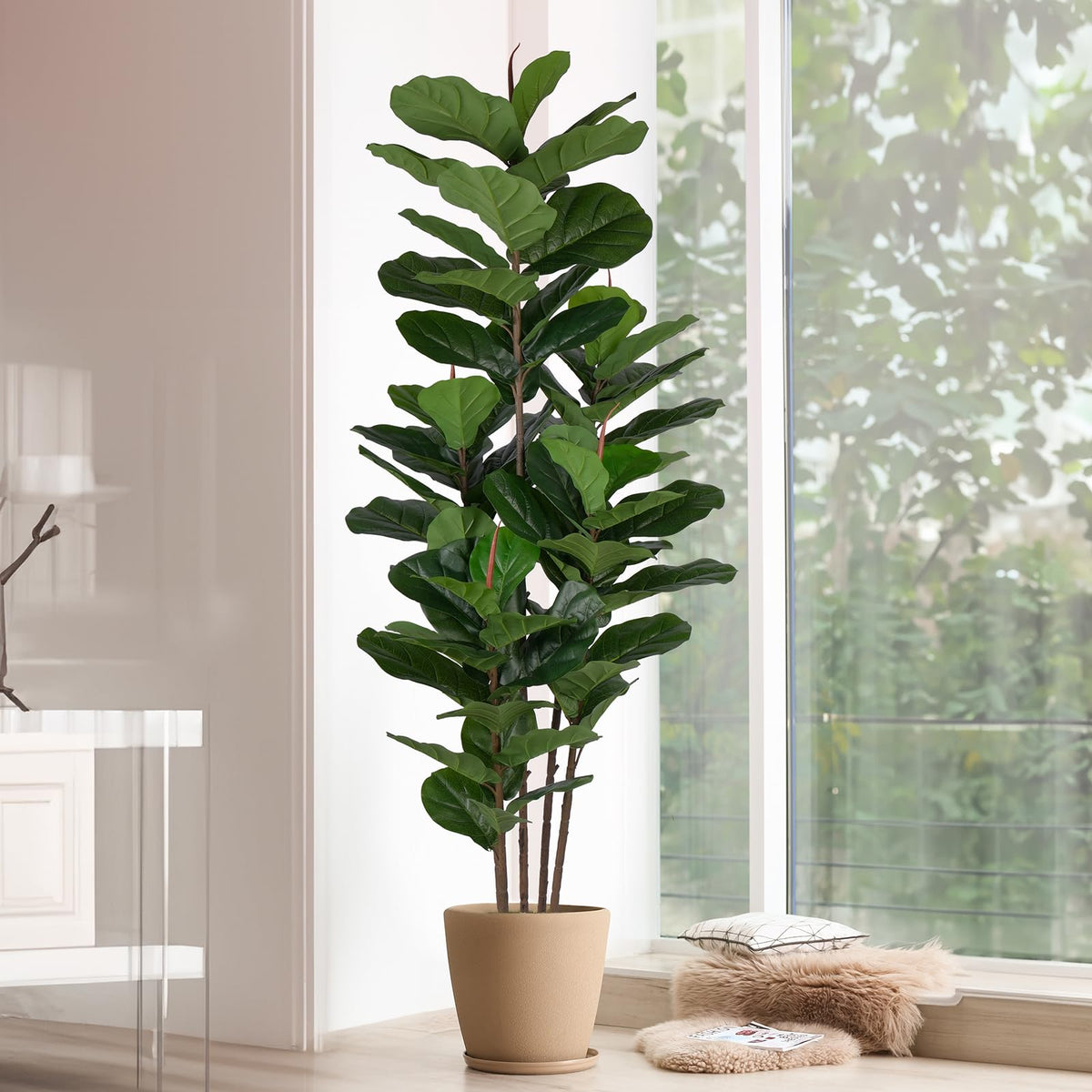 Yepdin tall artificial fig tree with 69 fiddle leaves for statement space.